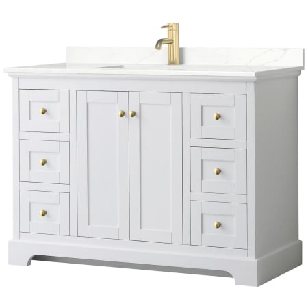 A large image of the Wyndham Collection WCV232348S-QTZ-UNSMXX White / Giotto Quartz Top / Brushed Gold Hardware