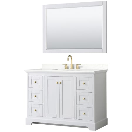 A large image of the Wyndham Collection WCV232348S-QTZ-US3M46 White / Giotto Quartz Top / Brushed Gold Hardware