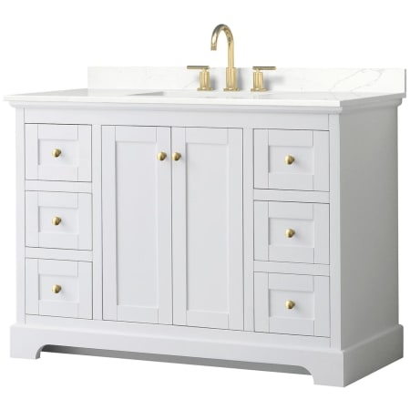 A large image of the Wyndham Collection WCV232348S-QTZ-US3MXX White / Giotto Quartz Top / Brushed Gold Hardware