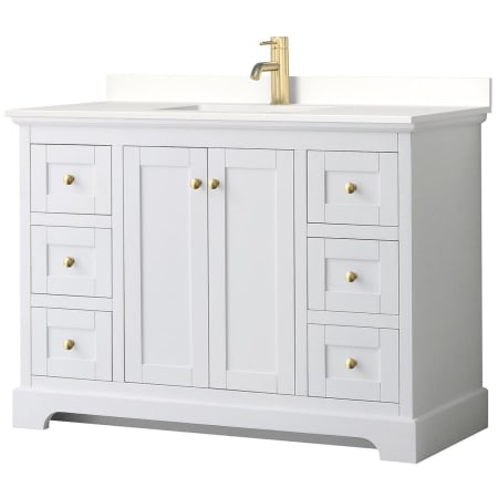 A large image of the Wyndham Collection WCV232348S-QTZ-UNSMXX White / White Quartz Top / Brushed Gold Hardware