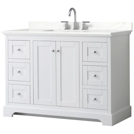A large image of the Wyndham Collection WCV232348S-QTZ-US3MXX White / Giotto Quartz Top / Polished Chrome Hardware