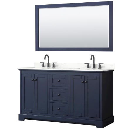 A large image of the Wyndham Collection WCV232360D-QTZ-US3M58 Dark Blue / Giotto Quartz Top / Matte Black Hardware