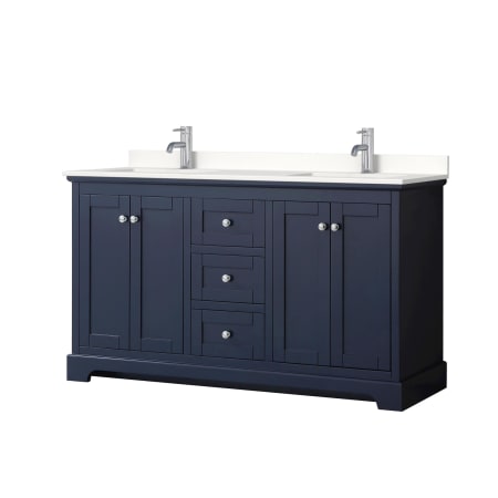 A large image of the Wyndham Collection WCV232360D-QTZ-UNSMXX Dark Blue / White Quartz Top / Polished Chrome Hardware