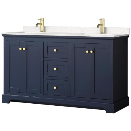 A large image of the Wyndham Collection WCV232360D-VCA-MXX Dark Blue / Carrara Cultured Marble Top / Brushed Gold Hardware