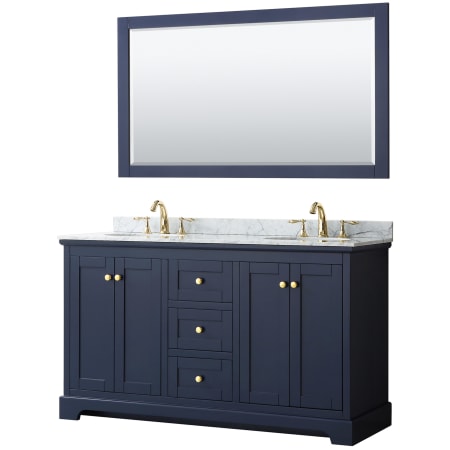 A large image of the Wyndham Collection WCV232360DCMUNOM58 Dark Blue / White Carrara Marble Top / Brushed Gold Hardware