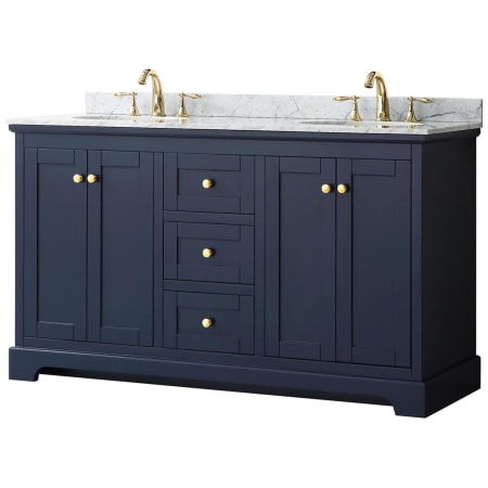 A large image of the Wyndham Collection WCV232360DCMUNOMXX Dark Blue / White Carrara Marble Top / Brushed Gold Hardware