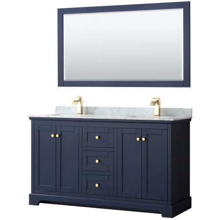 A large image of the Wyndham Collection WCV232360DCMUNSM58 Dark Blue / White Carrara Marble Top / Brushed Gold Hardware