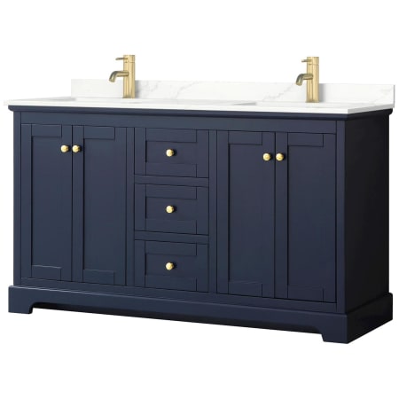 A large image of the Wyndham Collection WCV232360D-QTZ-UNSMXX Dark Blue / Giotto Quartz Top / Brushed Gold Hardware