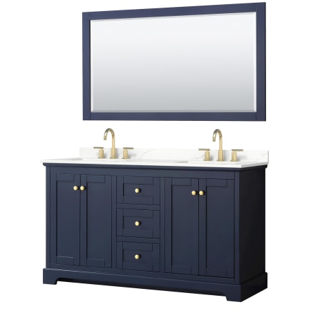 A large image of the Wyndham Collection WCV232360D-QTZ-US3M58 Dark Blue / Giotto Quartz Top / Brushed Gold Hardware