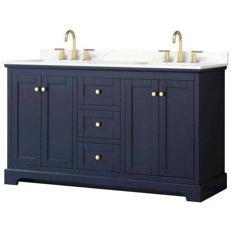 A large image of the Wyndham Collection WCV232360D-QTZ-US3MXX Dark Blue / Giotto Quartz Top / Brushed Gold Hardware