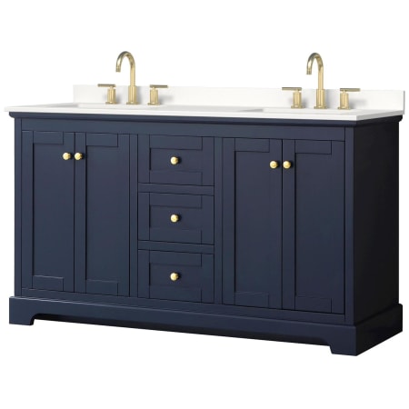 A large image of the Wyndham Collection WCV232360D-QTZ-US3MXX Dark Blue / White Quartz Top / Brushed Gold Hardware