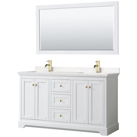 A large image of the Wyndham Collection WCV232360D-VCA-M58 White / Carrara Cultured Marble Top / Brushed Gold Hardware