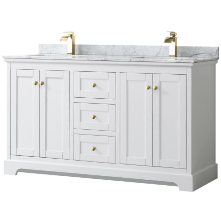 A large image of the Wyndham Collection WCV232360DCMUNSMXX White / White Carrara Marble Top / Brushed Gold Hardware