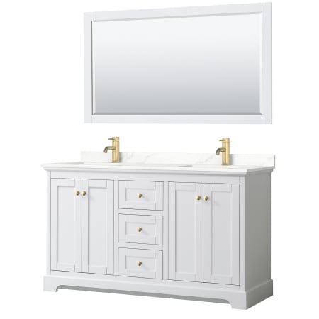 A large image of the Wyndham Collection WCV232360D-QTZ-UNSM58 White / Giotto Quartz Top / Brushed Gold Hardware
