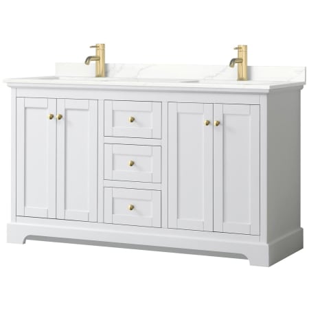 A large image of the Wyndham Collection WCV232360D-QTZ-UNSMXX White / Giotto Quartz Top / Brushed Gold Hardware