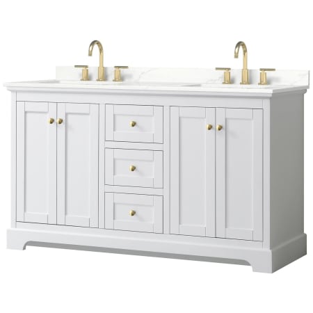 A large image of the Wyndham Collection WCV232360D-QTZ-US3MXX White / Giotto Quartz Top / Brushed Gold Hardware