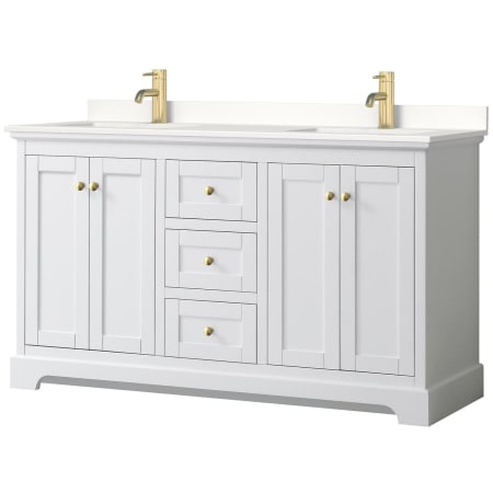 A large image of the Wyndham Collection WCV232360D-QTZ-UNSMXX White / White Quartz Top / Brushed Gold Hardware