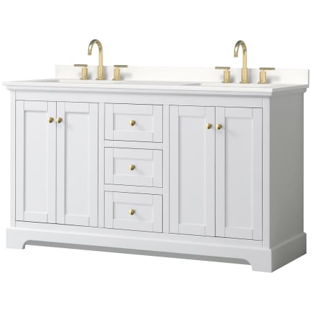 A large image of the Wyndham Collection WCV232360D-QTZ-US3MXX White / White Quartz Top / Brushed Gold Hardware