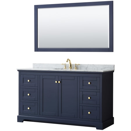 A large image of the Wyndham Collection WCV232360SCMUNOM58 Dark Blue / White Carrara Marble Top / Brushed Gold Hardware