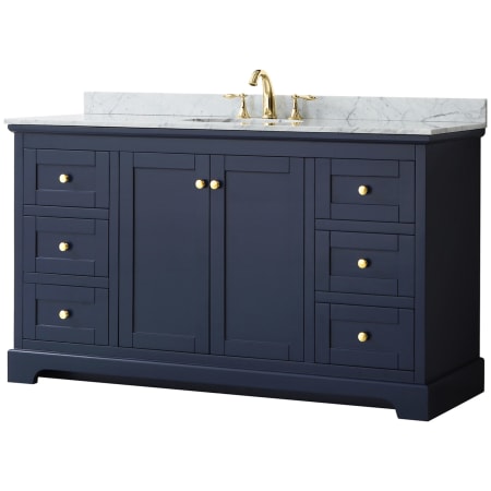 A large image of the Wyndham Collection WCV232360SCMUNOMXX Dark Blue / White Carrara Marble Top / Brushed Gold Hardware