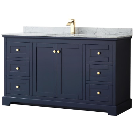 A large image of the Wyndham Collection WCV232360SCMUNSMXX Dark Blue / White Carrara Marble Top / Brushed Gold Hardware