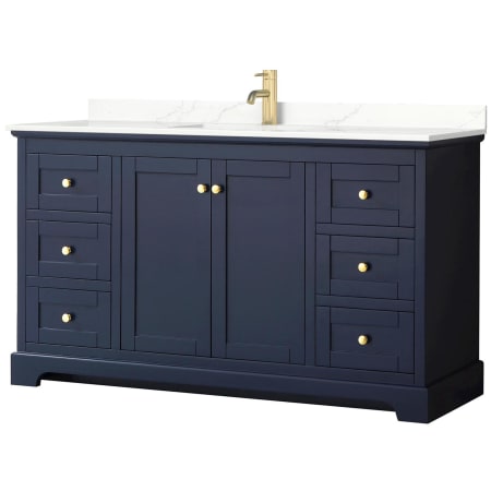 A large image of the Wyndham Collection WCV232360S-QTZ-UNSMXX Dark Blue / Giotto Quartz Top / Brushed Gold Hardware