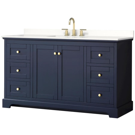 A large image of the Wyndham Collection WCV232360S-QTZ-US3MXX Dark Blue / White Quartz Top / Brushed Gold Hardware