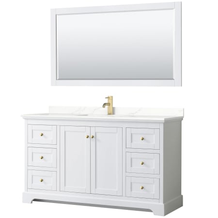 A large image of the Wyndham Collection WCV232360S-QTZ-UNSM58 White / Giotto Quartz Top / Brushed Gold Hardware