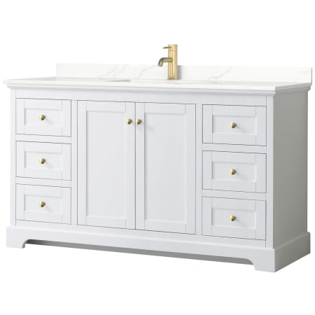 A large image of the Wyndham Collection WCV232360S-QTZ-UNSMXX White / Giotto Quartz Top / Brushed Gold Hardware