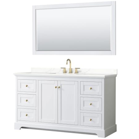 A large image of the Wyndham Collection WCV232360S-QTZ-US3M58 White / Giotto Quartz Top / Brushed Gold Hardware