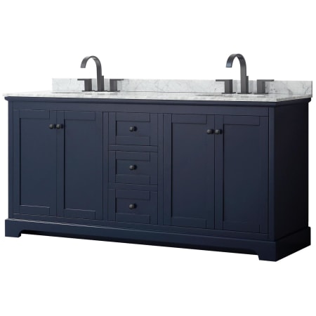 A large image of the Wyndham Collection WCV232372DCMUNOMXX Dark Blue / White Carrara Marble Top / Matte Black Hardware