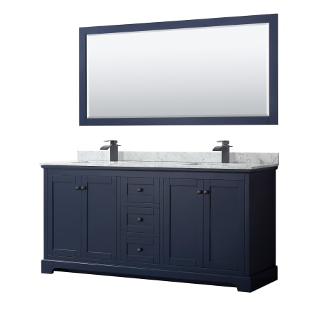 A large image of the Wyndham Collection WCV232372DCMUNSM70 Dark Blue / White Carrara Marble Top / Matte Black Hardware