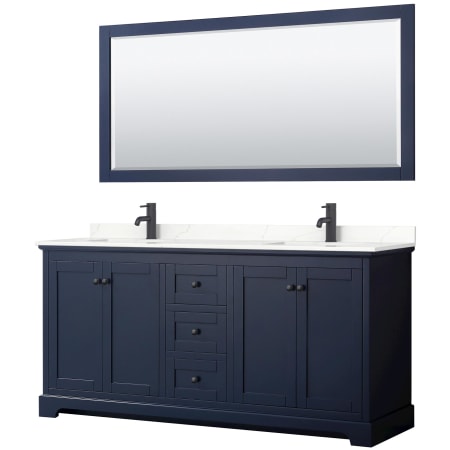 A large image of the Wyndham Collection WCV232372D-QTZ-UNSM70 Dark Blue / Giotto Quartz Top / Matte Black Hardware