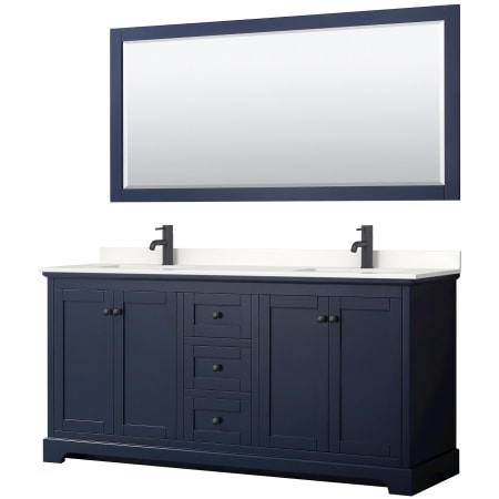 A large image of the Wyndham Collection WCV232372D-QTZ-UNSM70 Dark Blue / White Quartz Top / Matte Black Hardware