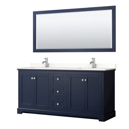 A large image of the Wyndham Collection WCV232372D-QTZ-UNSM70 Dark Blue / White Quartz Top / Polished Chrome Hardware