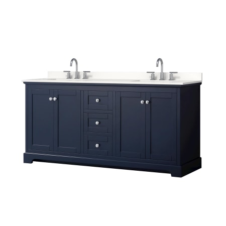 A large image of the Wyndham Collection WCV232372D-QTZ-US3MXX Dark Blue / White Quartz Top / Polished Chrome Hardware