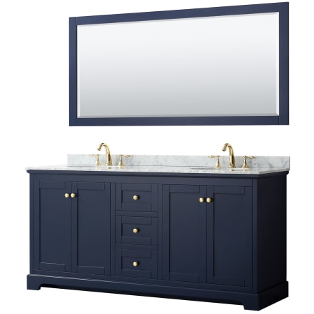 A large image of the Wyndham Collection WCV232372DCMUNOM70 Dark Blue / White Carrara Marble Top / Brushed Gold Hardware