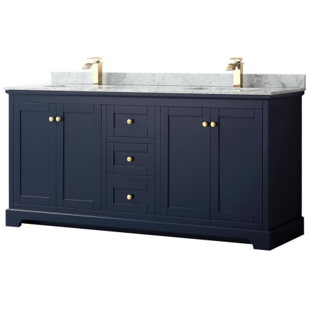 A large image of the Wyndham Collection WCV232372DCMUNSMXX Dark Blue / White Carrara Marble Top / Brushed Gold Hardware