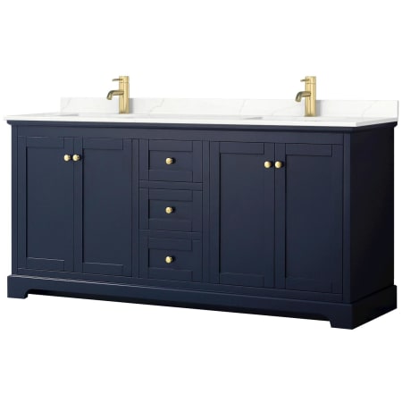 A large image of the Wyndham Collection WCV232372D-QTZ-UNSMXX Dark Blue / Giotto Quartz Top / Brushed Gold Hardware