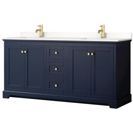 A large image of the Wyndham Collection WCV232372D-QTZ-UNSMXX Dark Blue / White Quartz Top / Brushed Gold Hardware