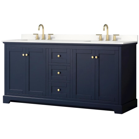 A large image of the Wyndham Collection WCV232372D-QTZ-US3MXX Dark Blue / White Quartz Top / Brushed Gold Hardware