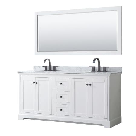 A large image of the Wyndham Collection WCV232372DCMUNOM70 White / White Carrara Marble Top / Matte Black Hardware