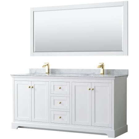 A large image of the Wyndham Collection WCV232372DCMUNSM70 White / White Carrara Marble Top / Brushed Gold Hardware