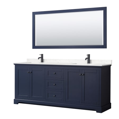 A large image of the Wyndham Collection WCV232380D-VCA-M70 Dark Blue / Carrara Cultured Marble Top / Matte Black Hardware