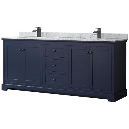 A large image of the Wyndham Collection WCV232380DCMUNSMXX Dark Blue / White Carrara Marble Top / Matte Black Hardware