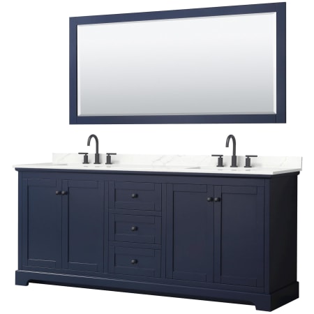 A large image of the Wyndham Collection WCV232380D-QTZ-US3M70 Dark Blue / Giotto Quartz Top / Matte Black Hardware