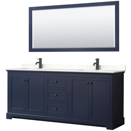 A large image of the Wyndham Collection WCV232380D-QTZ-UNSM70 Dark Blue / White Quartz Top / Matte Black Hardware