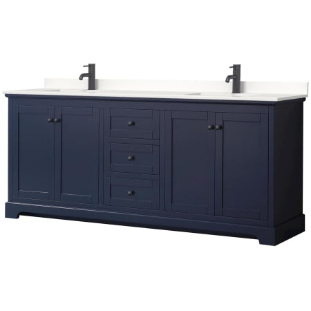 A large image of the Wyndham Collection WCV232380D-QTZ-UNSMXX Dark Blue / White Quartz Top / Matte Black Hardware