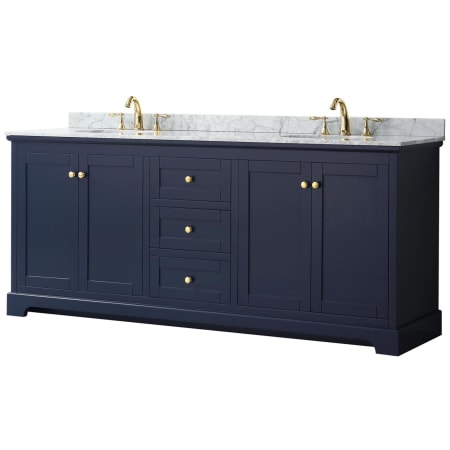 A large image of the Wyndham Collection WCV232380DCMUNOMXX Dark Blue / White Carrara Marble Top / Brushed Gold Hardware