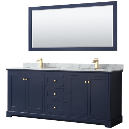 A large image of the Wyndham Collection WCV232380DCMUNSM70 Dark Blue / White Carrara Marble Top / Brushed Gold Hardware